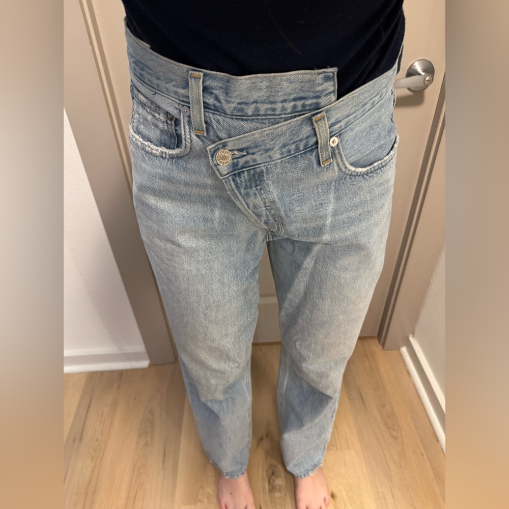 AGOLDE light wash lightly distressed denim V button
